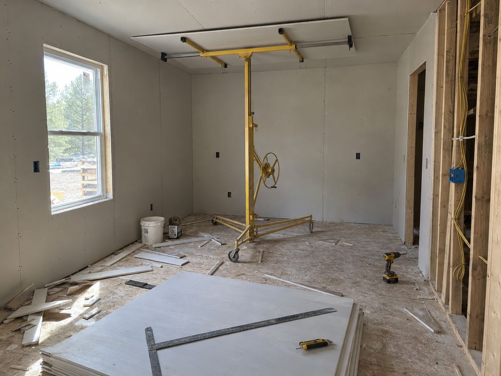 Hallway with new drywall sheets screwed to walls and ceiling